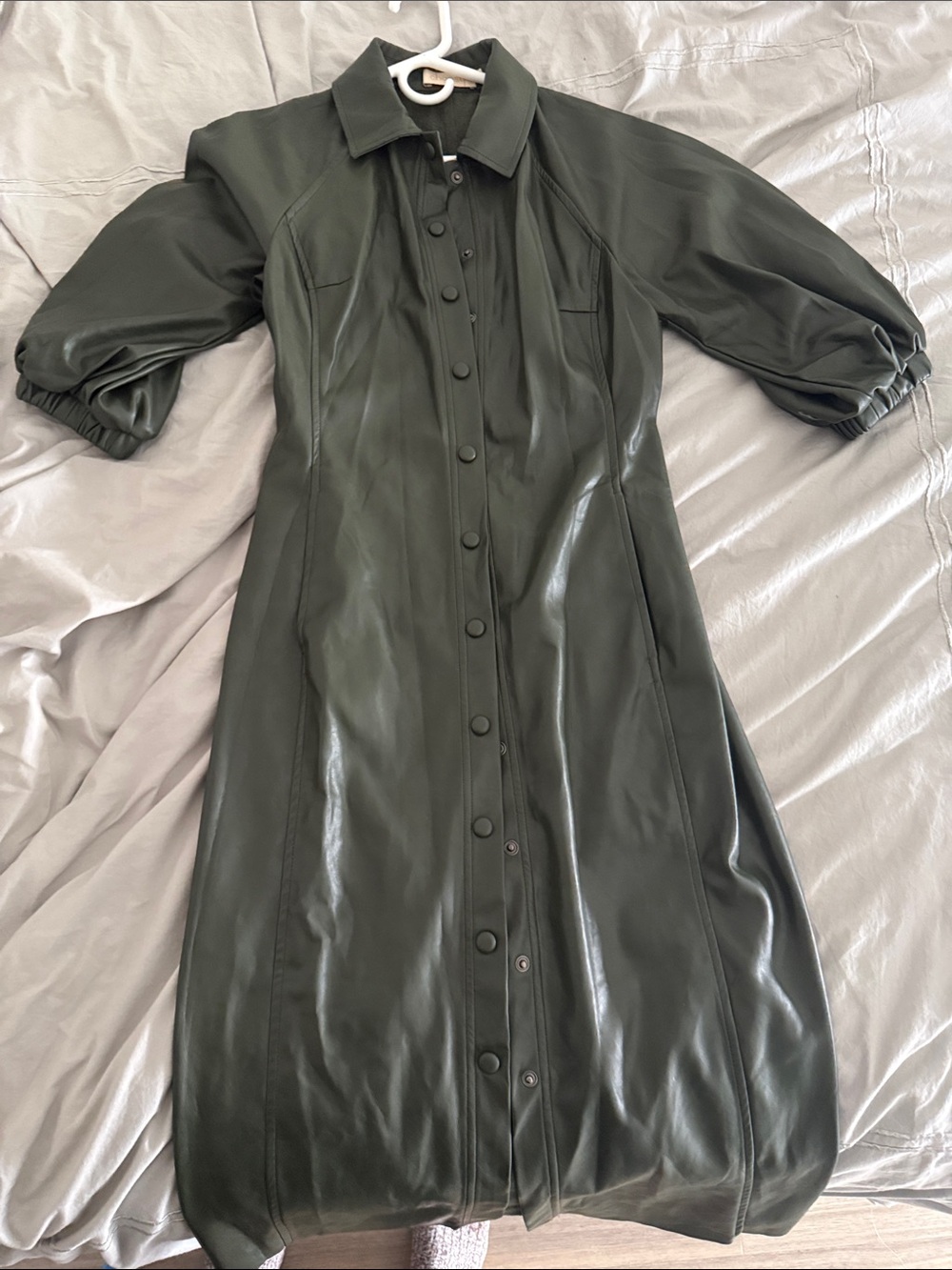 Faux Leather Olive Green Midi Shirt Dress with Puff Sleeves